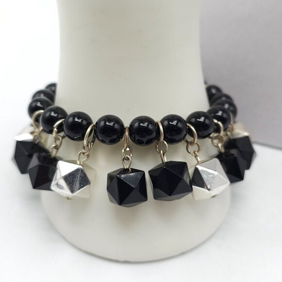 Vintage Black Silver Geometric Beaded Necklace Bracelet Set Adjustable Chain - Picture 2 of 5